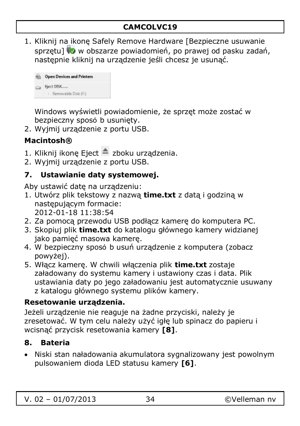 Macintosh, Ustawianie daty systemowej, Resetowanie urządzenia | Bateria | Velleman CAMCOLVC19 User Manual | Page 34 / 43