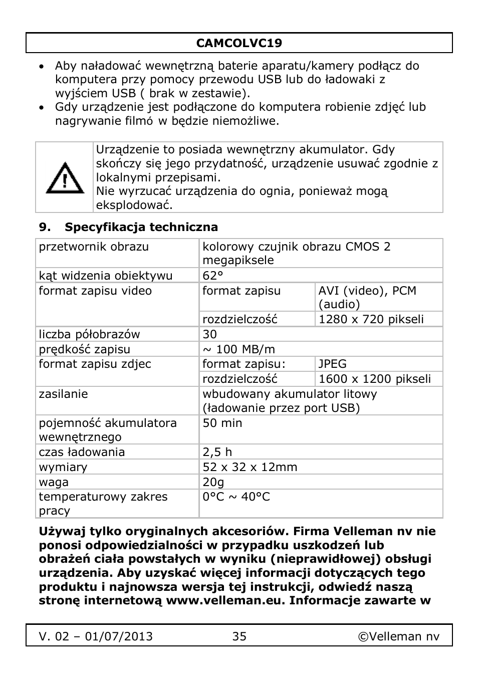Specyfikacja techniczna | Velleman CAMCOLVC19 User Manual | Page 35 / 43