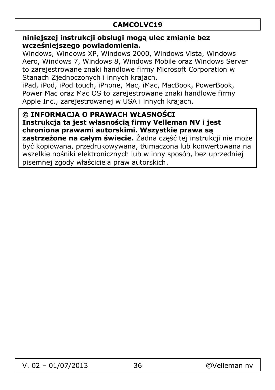 Velleman CAMCOLVC19 User Manual | Page 36 / 43