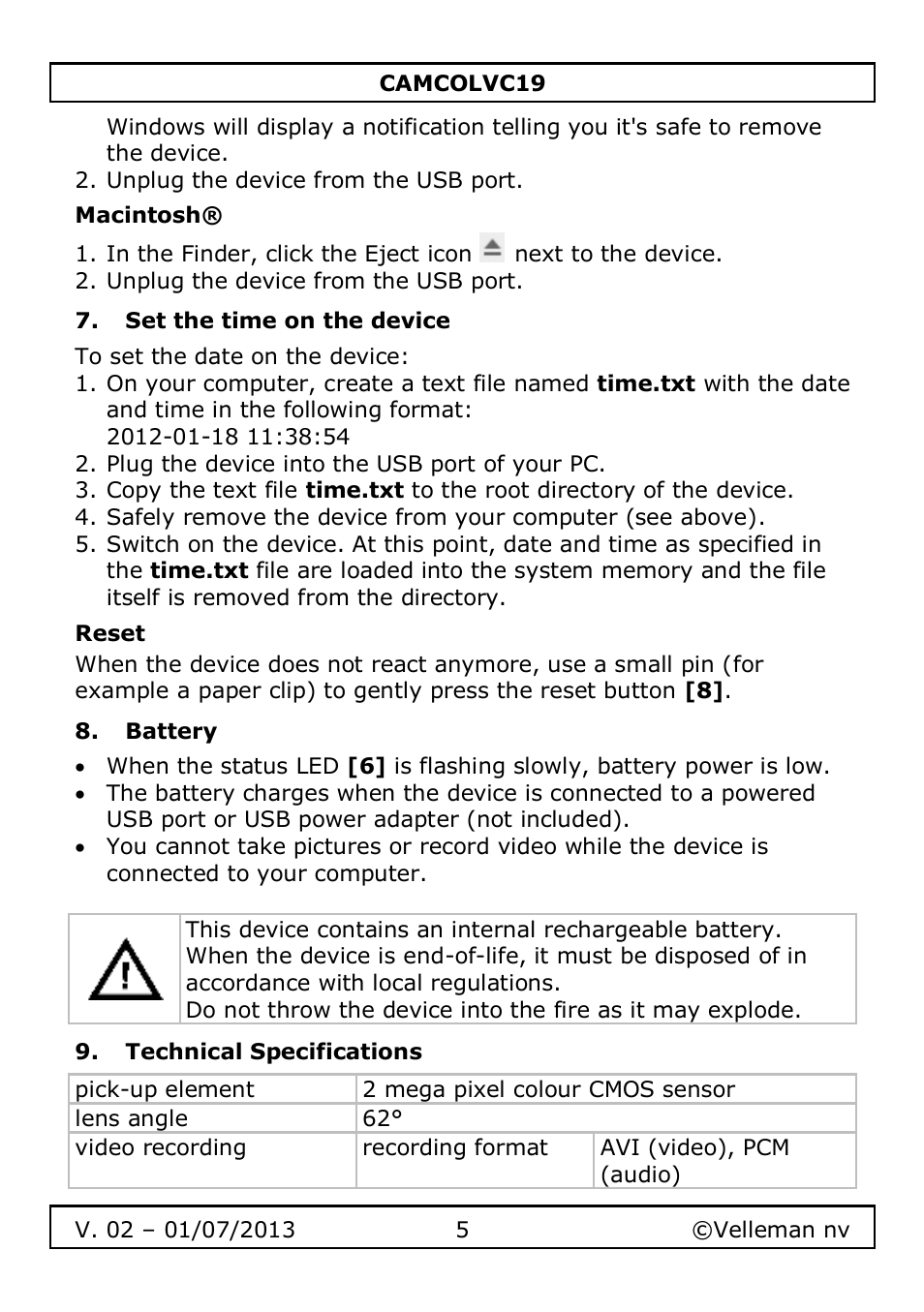 Macintosh, Set the time on the device, Reset | Battery, Technical specifications | Velleman CAMCOLVC19 User Manual | Page 5 / 43