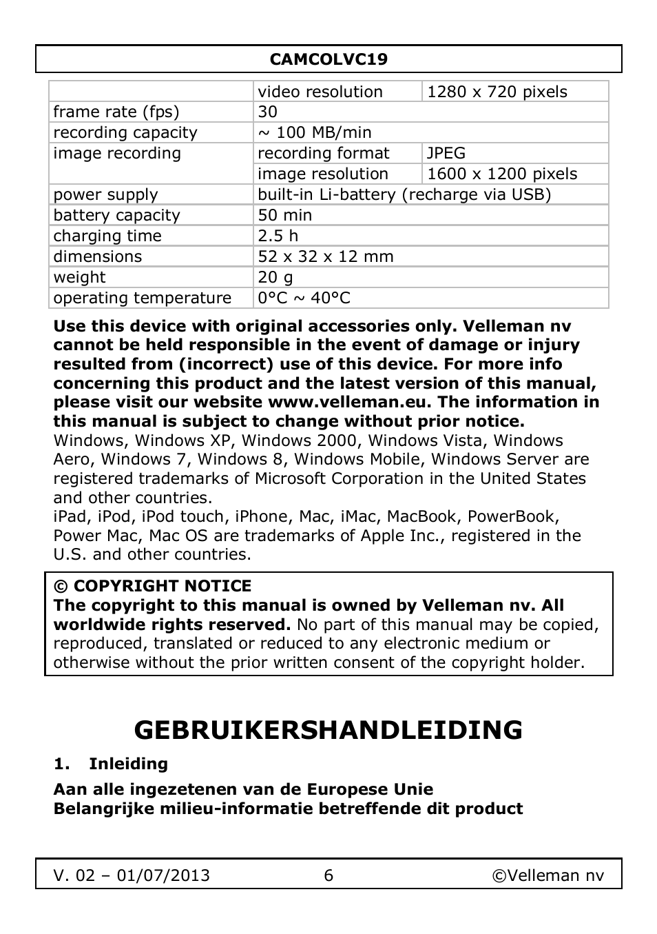 Gebruikershandleiding, Inleiding | Velleman CAMCOLVC19 User Manual | Page 6 / 43