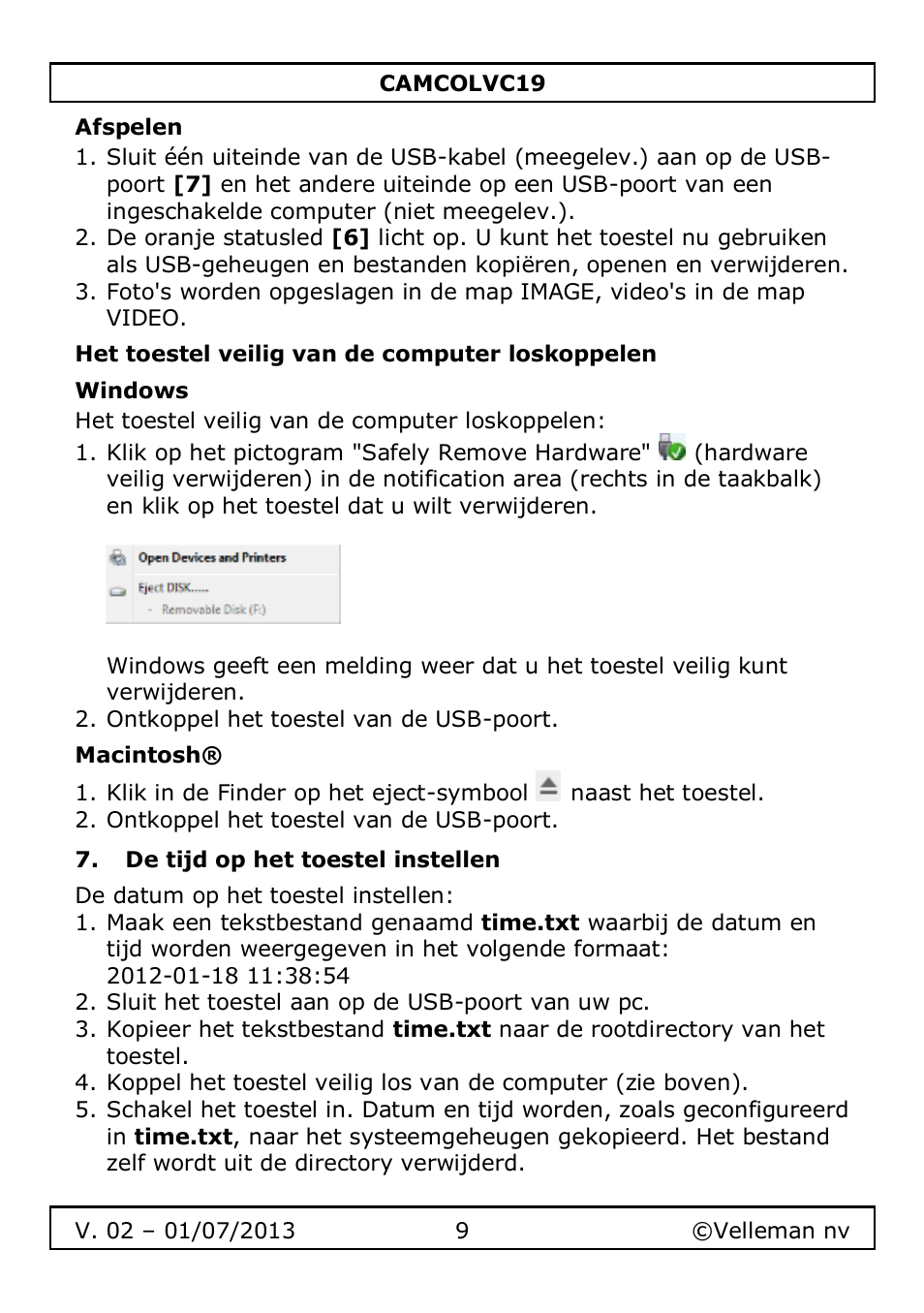 Afspelen, Het toestel veilig van de computer loskoppelen, Windows | Macintosh, De tijd op het toestel instellen | Velleman CAMCOLVC19 User Manual | Page 9 / 43