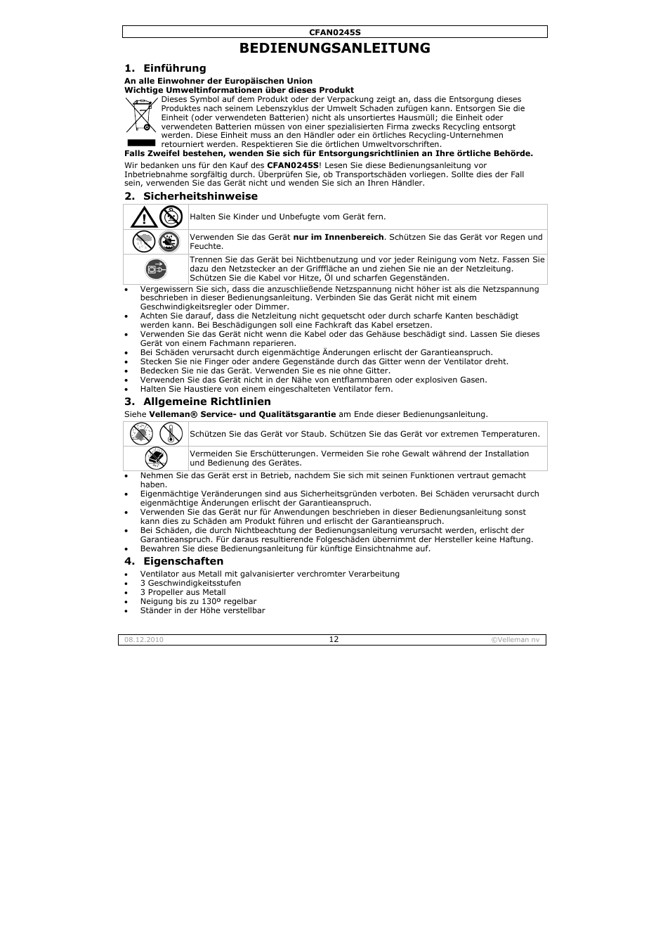 Bedie, Enungs, Anleitu | Velleman CFAN0245S User Manual | Page 12 / 17