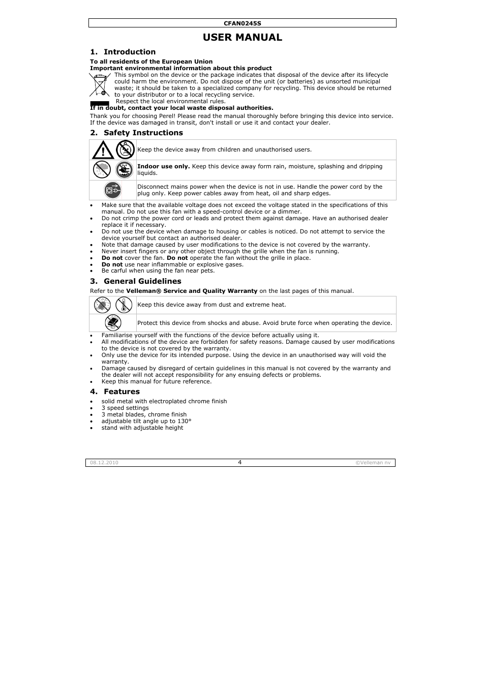 User ma, Anual | Velleman CFAN0245S User Manual | Page 4 / 17