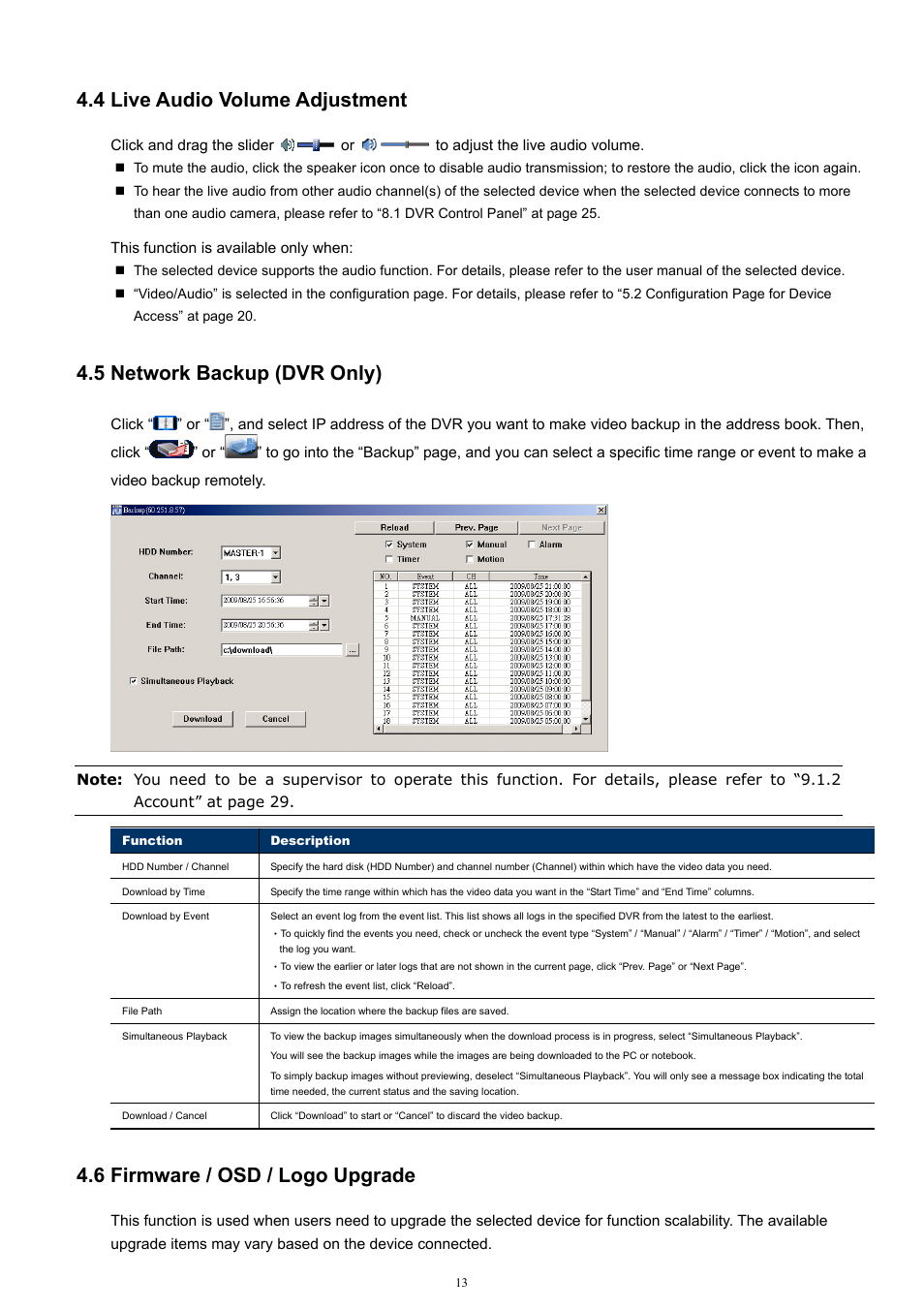 4 live audio volume adjustment, 5 network backup (dvr only), 6 firmware / osd / logo upgrade | Velleman Central Management System User Manual | Page 16 / 43