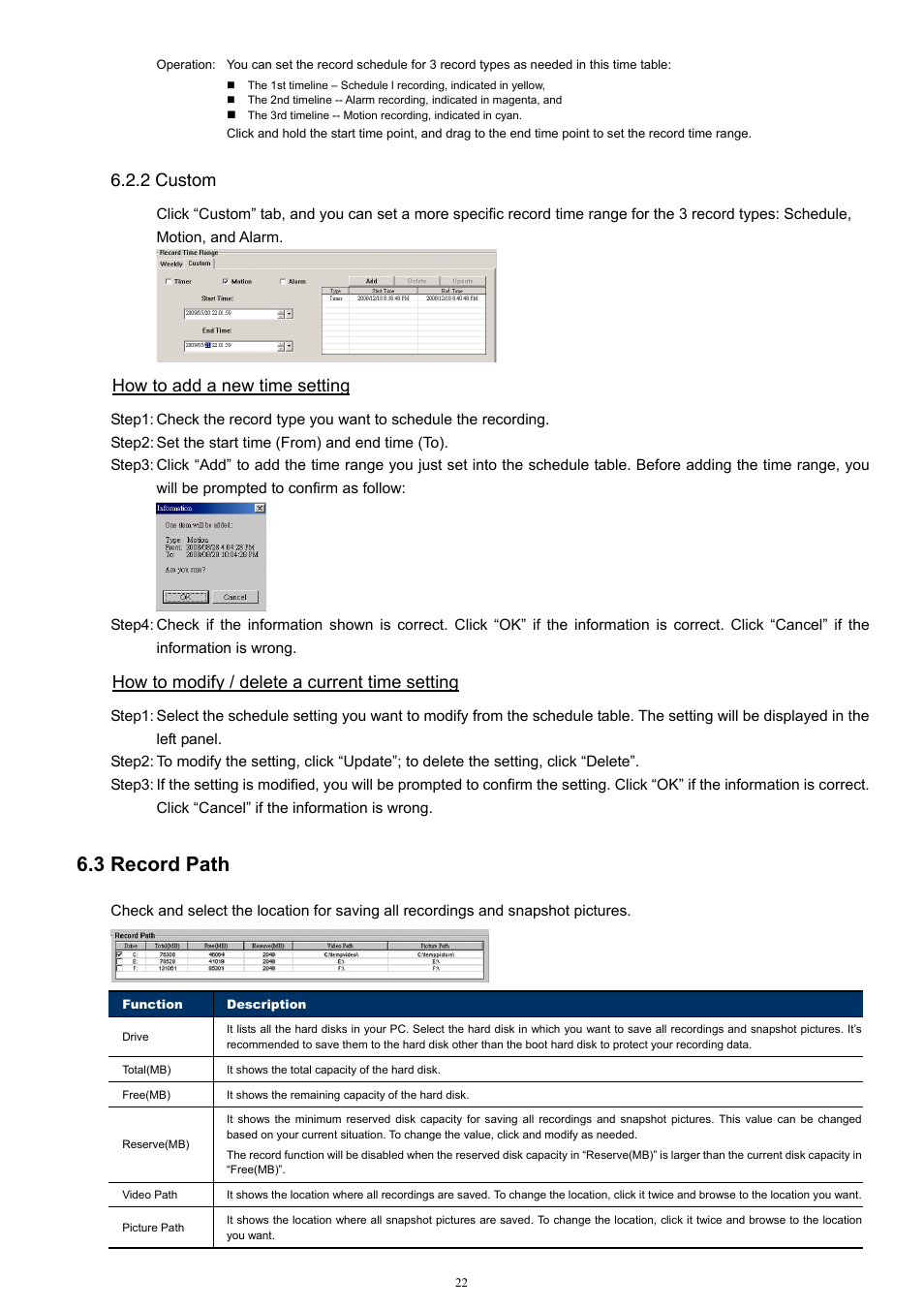 3 record path, 2 custom, How to add a new time setting | How to modify / delete a current time setting | Velleman Central Management System User Manual | Page 25 / 43