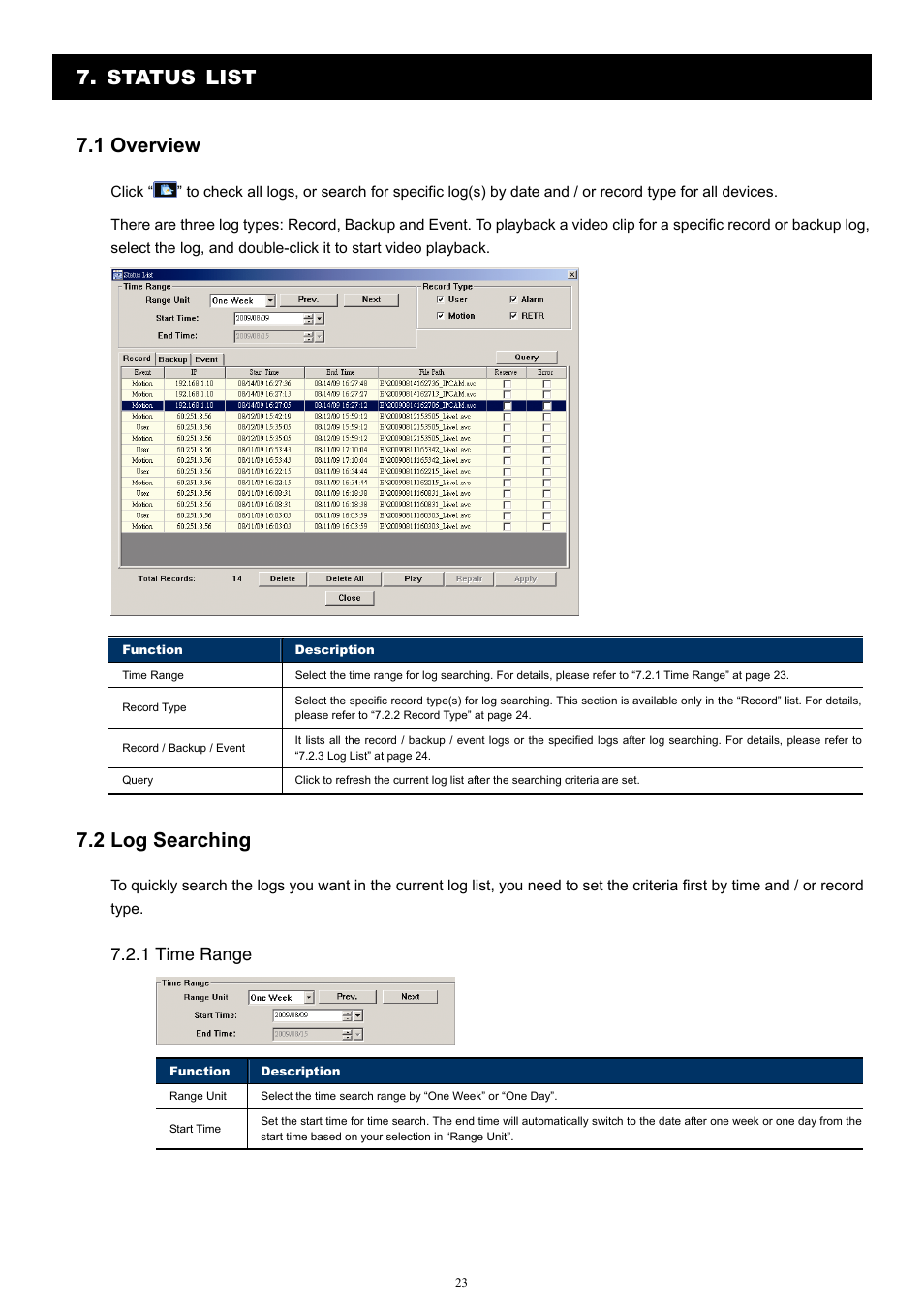 Status list 7.1 overview, 2 log searching, 1 time range | Velleman Central Management System User Manual | Page 26 / 43