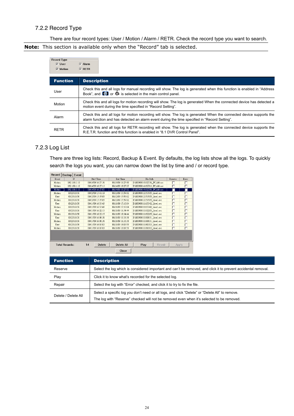 2 record type, 3 log list | Velleman Central Management System User Manual | Page 27 / 43