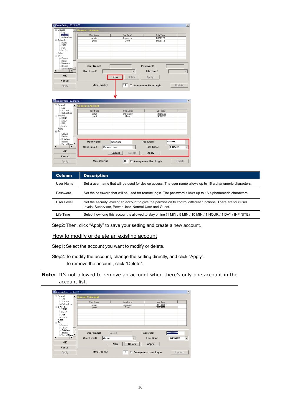 How to modify or delete an existing account | Velleman Central Management System User Manual | Page 33 / 43