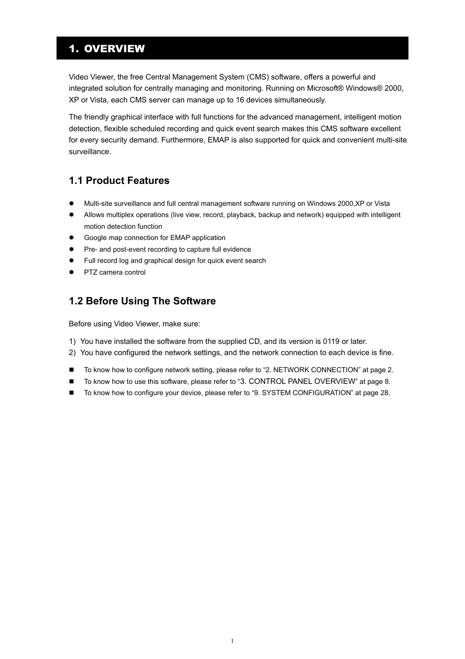 Overview, 1 product features, 2 before using the software | Velleman Central Management System User Manual | Page 4 / 43