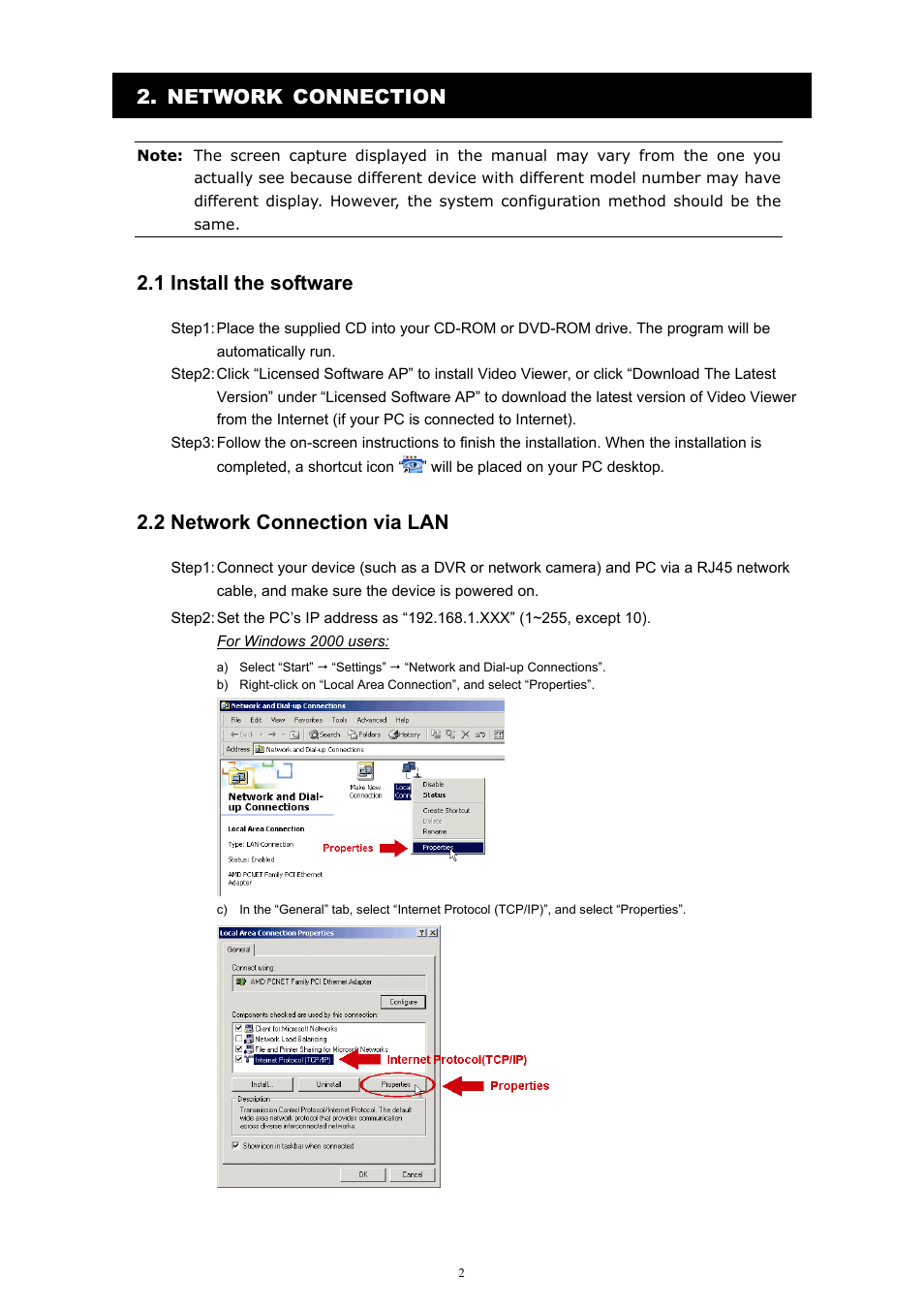 Network connection, 1 install the software, 2 network connection via lan | Velleman Central Management System User Manual | Page 5 / 43