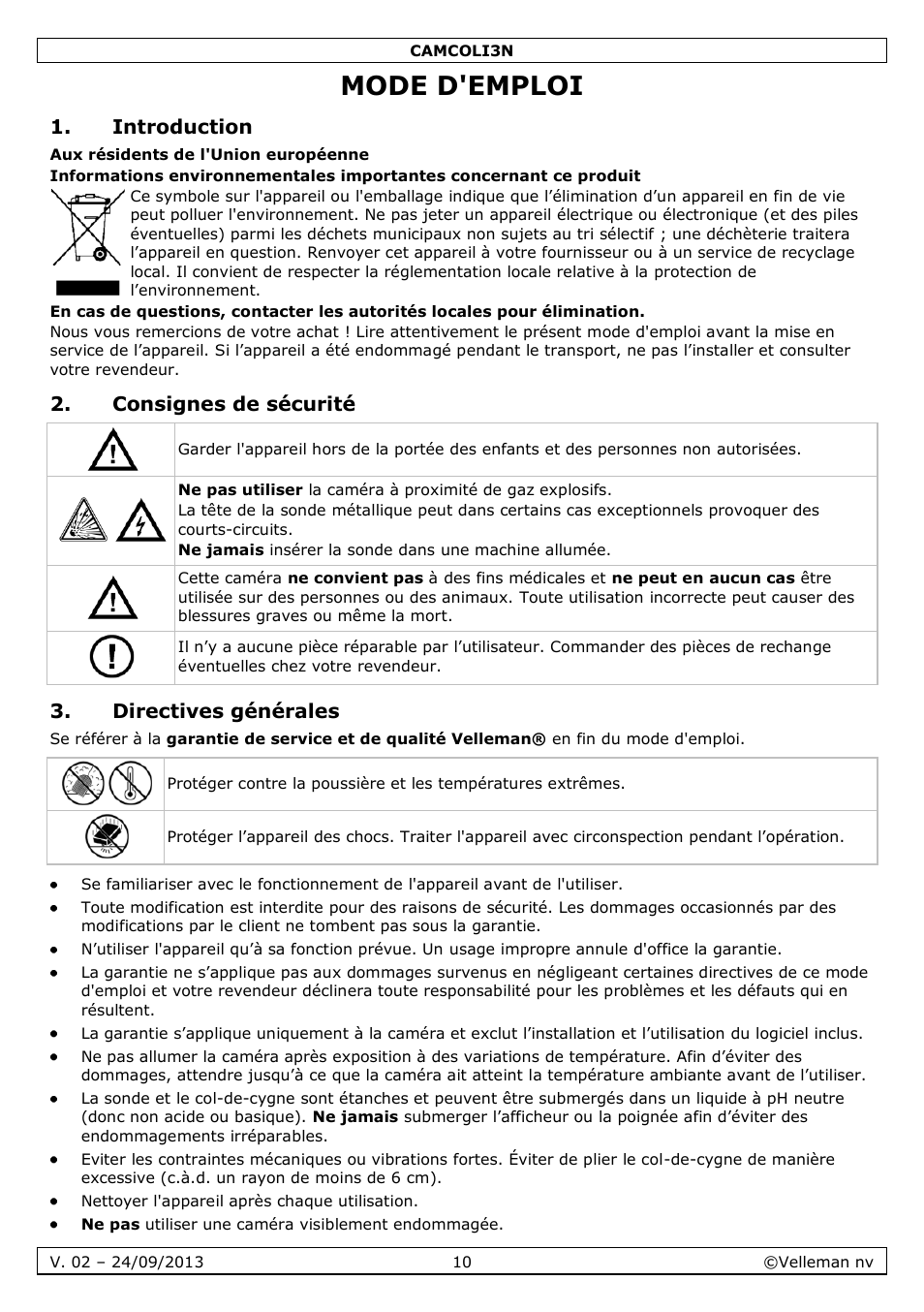 Mode d'emploi, Introduction, Consignes de sécurité | Directives générales | Velleman CAMCOLI3N User Manual | Page 10 / 27