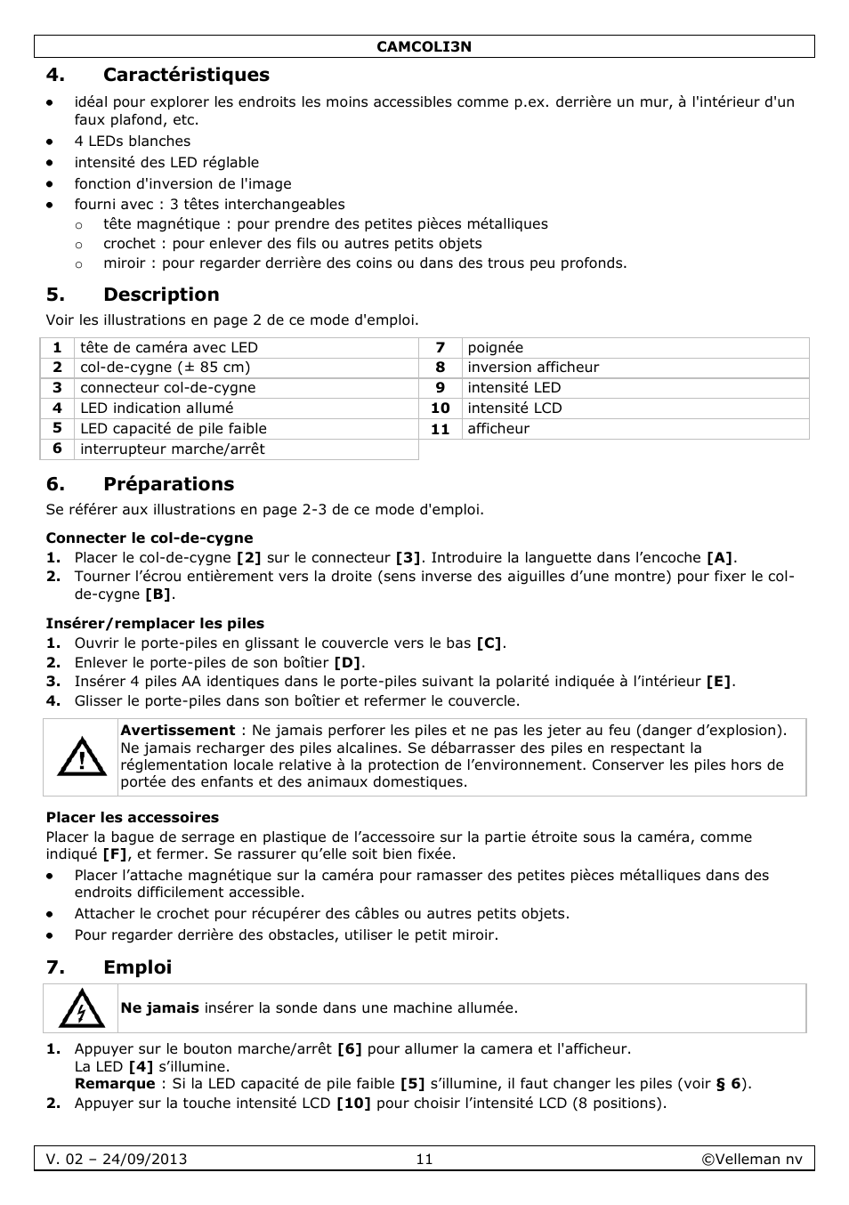 Caractéristiques, Description, Préparations | Connecter le col-de-cygne, Insérer/remplacer les piles, Placer les accessoires, Emploi | Velleman CAMCOLI3N User Manual | Page 11 / 27