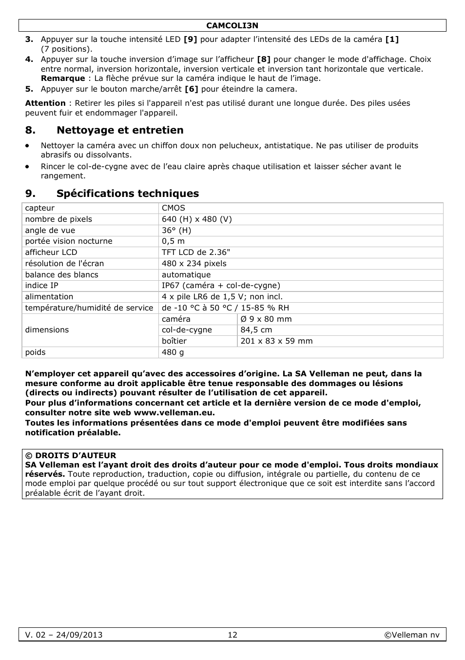 Nettoyage et entretien, Spécifications techniques | Velleman CAMCOLI3N User Manual | Page 12 / 27