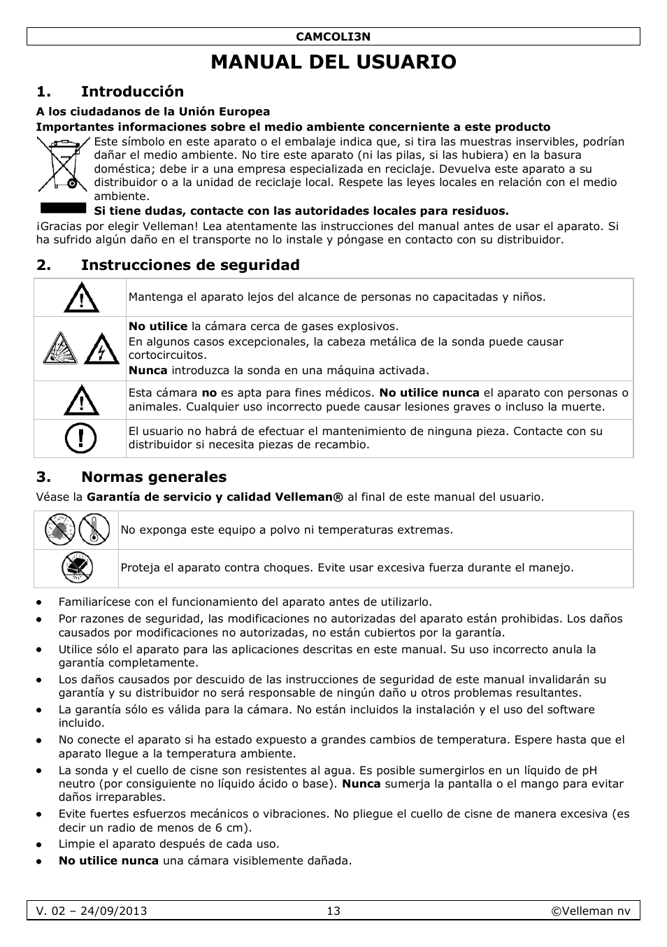 Manual del usuario, Introducción, Instrucciones de seguridad | Normas generales | Velleman CAMCOLI3N User Manual | Page 13 / 27