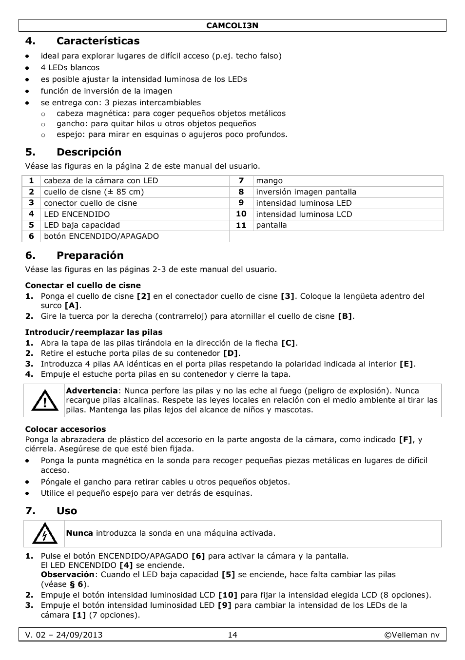 Características, Descripción, Preparación | Conectar el cuello de cisne, Introducir/reemplazar las pilas, Colocar accesorios | Velleman CAMCOLI3N User Manual | Page 14 / 27