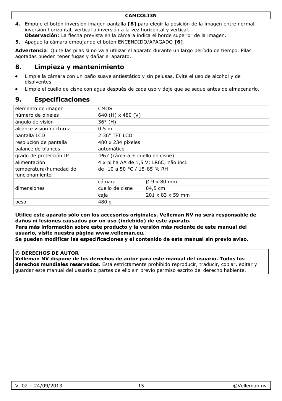 Limpieza y mantenimiento, Especificaciones | Velleman CAMCOLI3N User Manual | Page 15 / 27