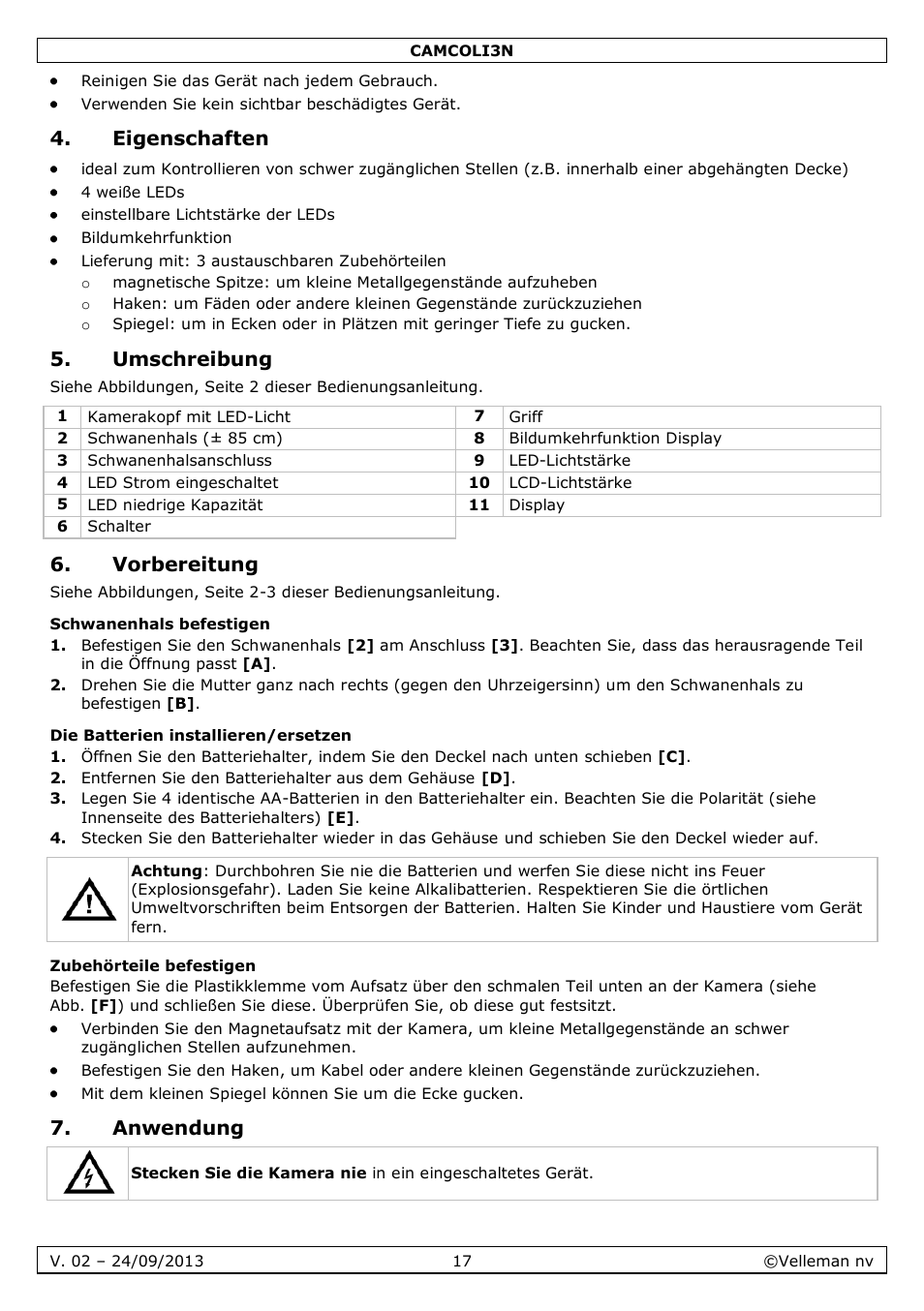 Eigenschaften, Umschreibung, Vorbereitung | Schwanenhals befestigen, Die batterien installieren/ersetzen, Zubehörteile befestigen, Anwendung | Velleman CAMCOLI3N User Manual | Page 17 / 27