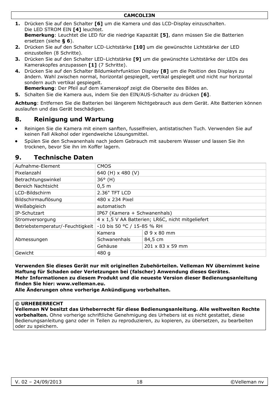 Reinigung und wartung, Technische daten | Velleman CAMCOLI3N User Manual | Page 18 / 27