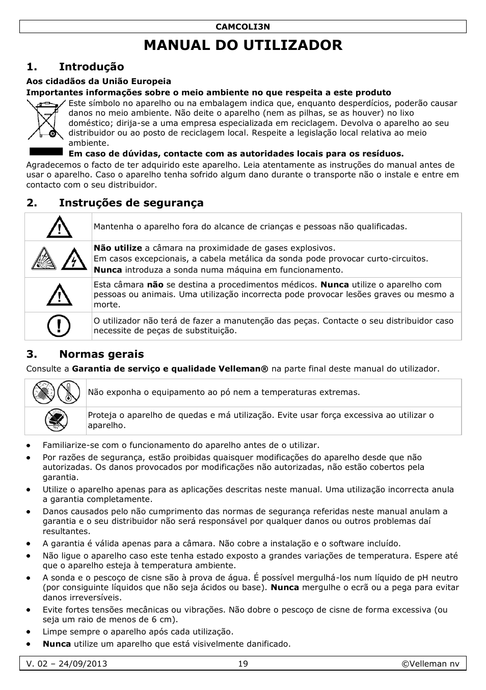Manual do utilizador, Introdução, Instruções de segurança | Normas gerais | Velleman CAMCOLI3N User Manual | Page 19 / 27