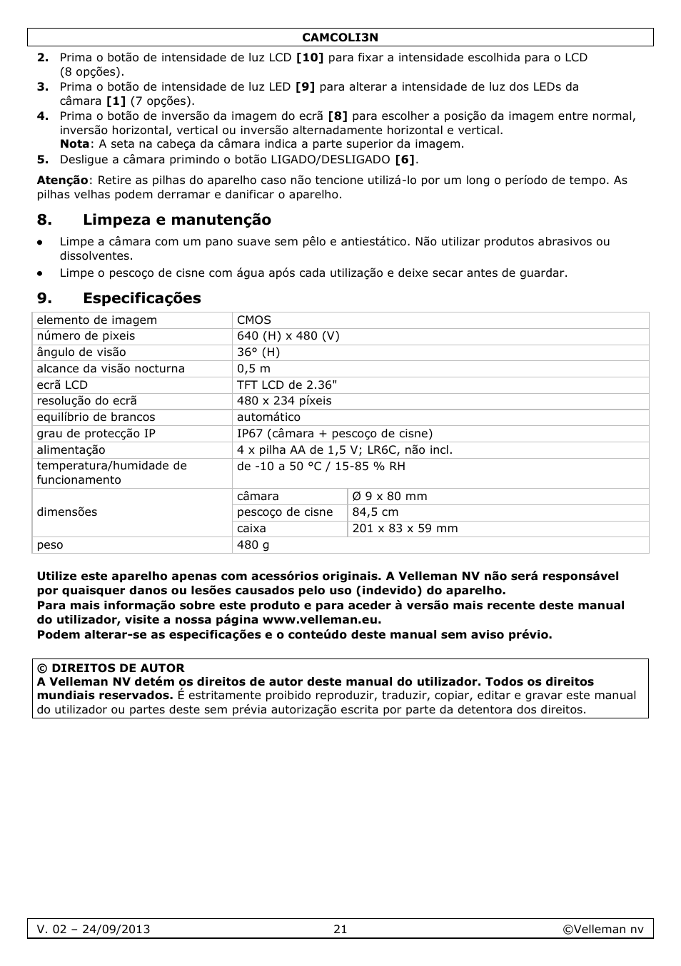 Limpeza e manutenção, Especificações | Velleman CAMCOLI3N User Manual | Page 21 / 27