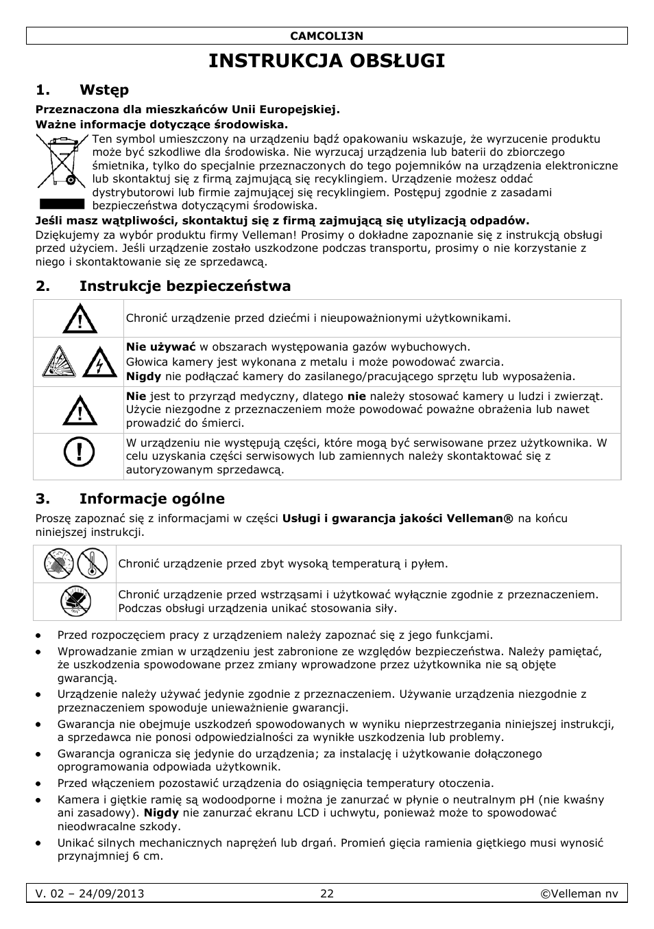 Instrukcja obsługi, Wstęp, Instrukcje bezpieczeństwa | Informacje ogólne | Velleman CAMCOLI3N User Manual | Page 22 / 27