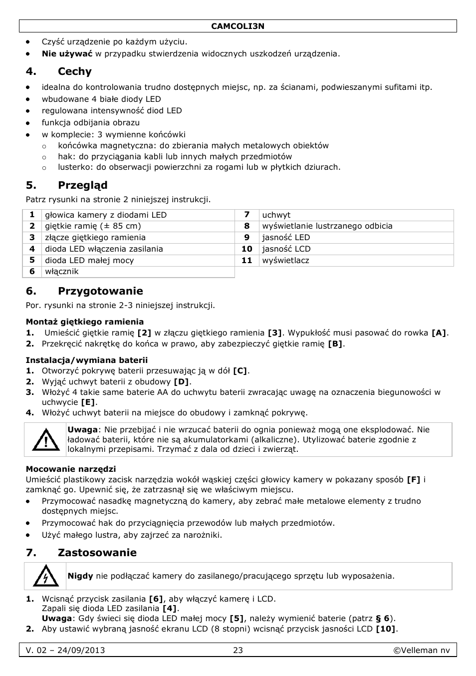 Cechy, Przegląd, Przygotowanie | Montaż giętkiego ramienia, Instalacja/wymiana baterii, Mocowanie narzędzi, Zastosowanie | Velleman CAMCOLI3N User Manual | Page 23 / 27