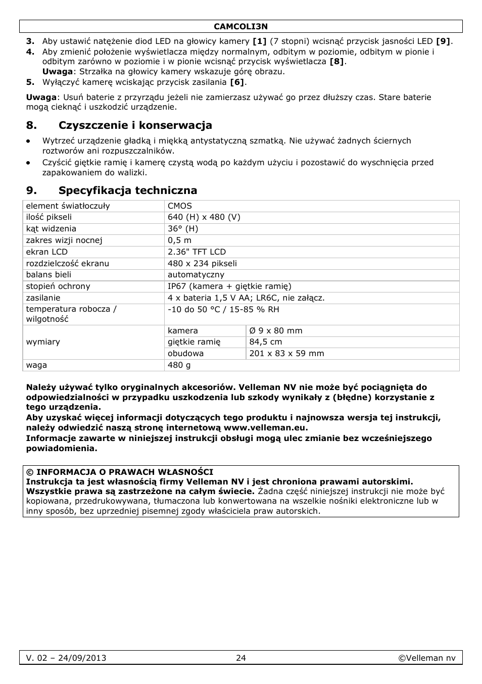 Czyszczenie i konserwacja, Specyfikacja techniczna | Velleman CAMCOLI3N User Manual | Page 24 / 27