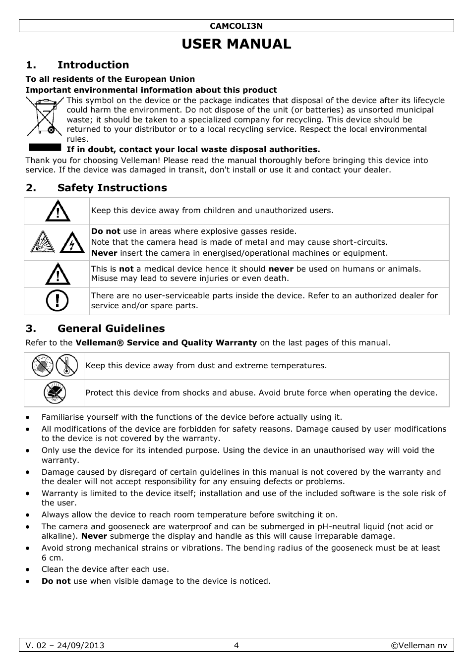 User manual, Introduction, Safety instructions | General guidelines | Velleman CAMCOLI3N User Manual | Page 4 / 27