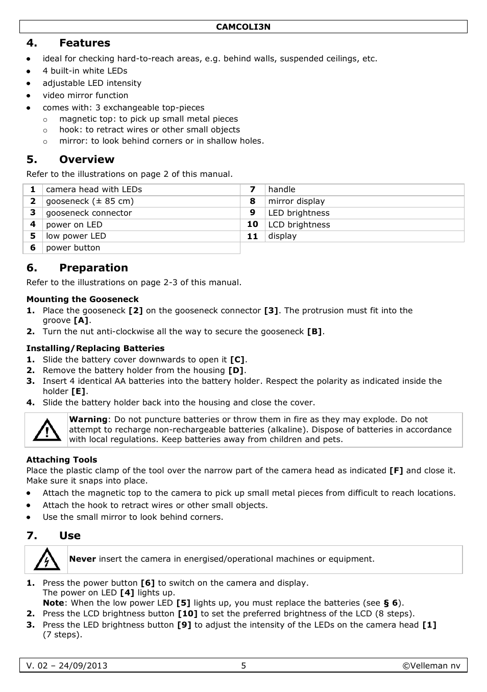 Features, Overview, Preparation | Mounting the gooseneck, Installing/replacing batteries, Attaching tools | Velleman CAMCOLI3N User Manual | Page 5 / 27