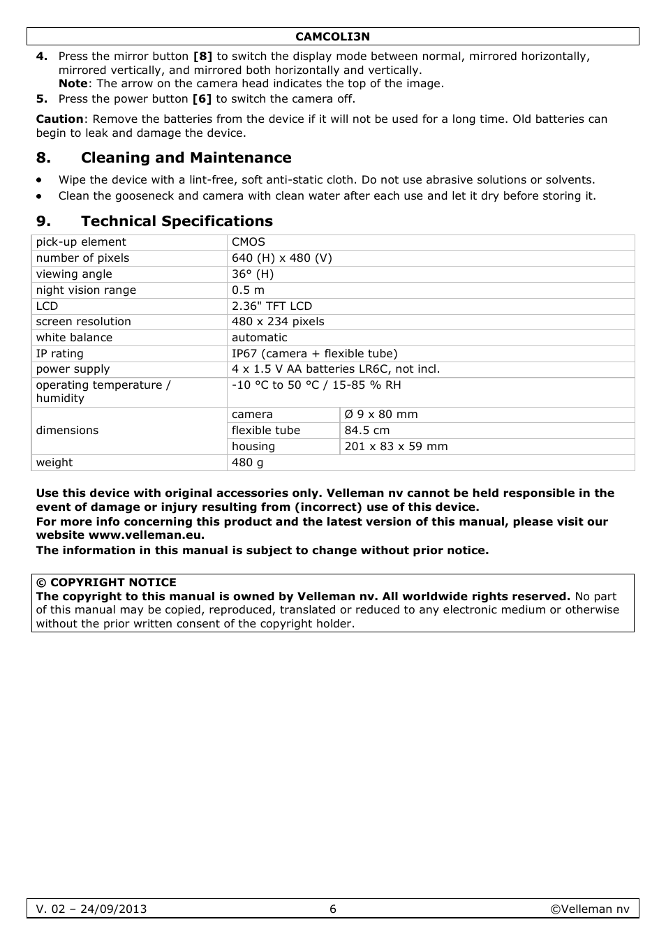 Cleaning and maintenance, Technical specifications | Velleman CAMCOLI3N User Manual | Page 6 / 27