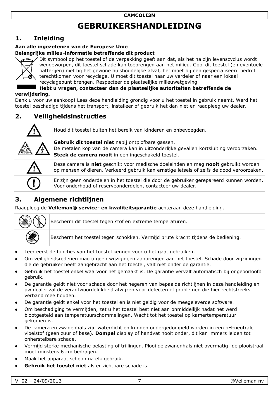 Gebruikershandleiding, Inleiding, Veiligheidsinstructies | Algemene richtlijnen | Velleman CAMCOLI3N User Manual | Page 7 / 27