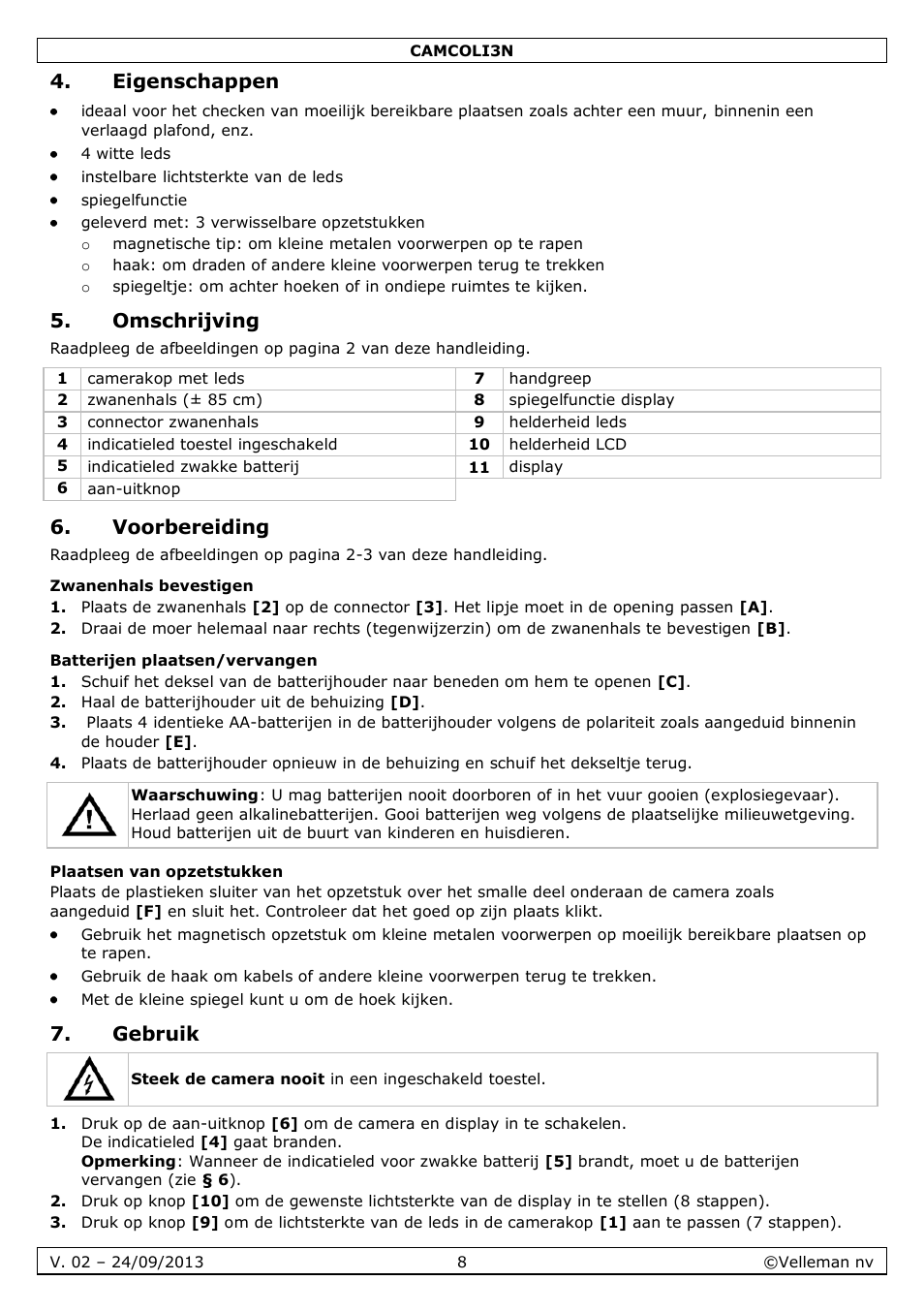 Eigenschappen, Omschrijving, Voorbereiding | Zwanenhals bevestigen, Batterijen plaatsen/vervangen, Plaatsen van opzetstukken, Gebruik | Velleman CAMCOLI3N User Manual | Page 8 / 27