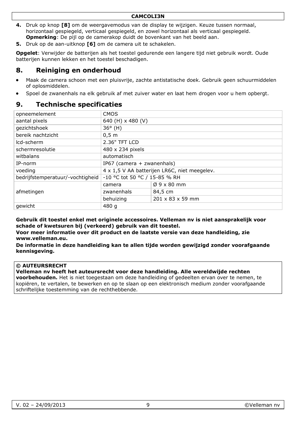 Reiniging en onderhoud, Technische specificaties | Velleman CAMCOLI3N User Manual | Page 9 / 27