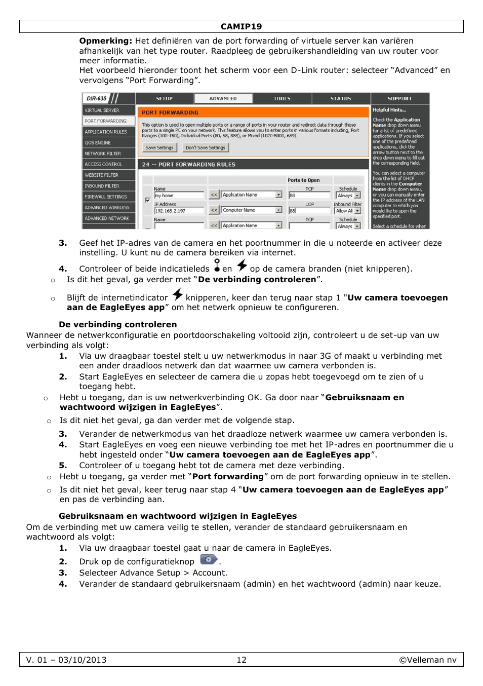 De verbinding controleren, Gebruiksnaam en wachtwoord wijzigen in eagleeyes | Velleman CAMIP19 User Manual | Page 12 / 36