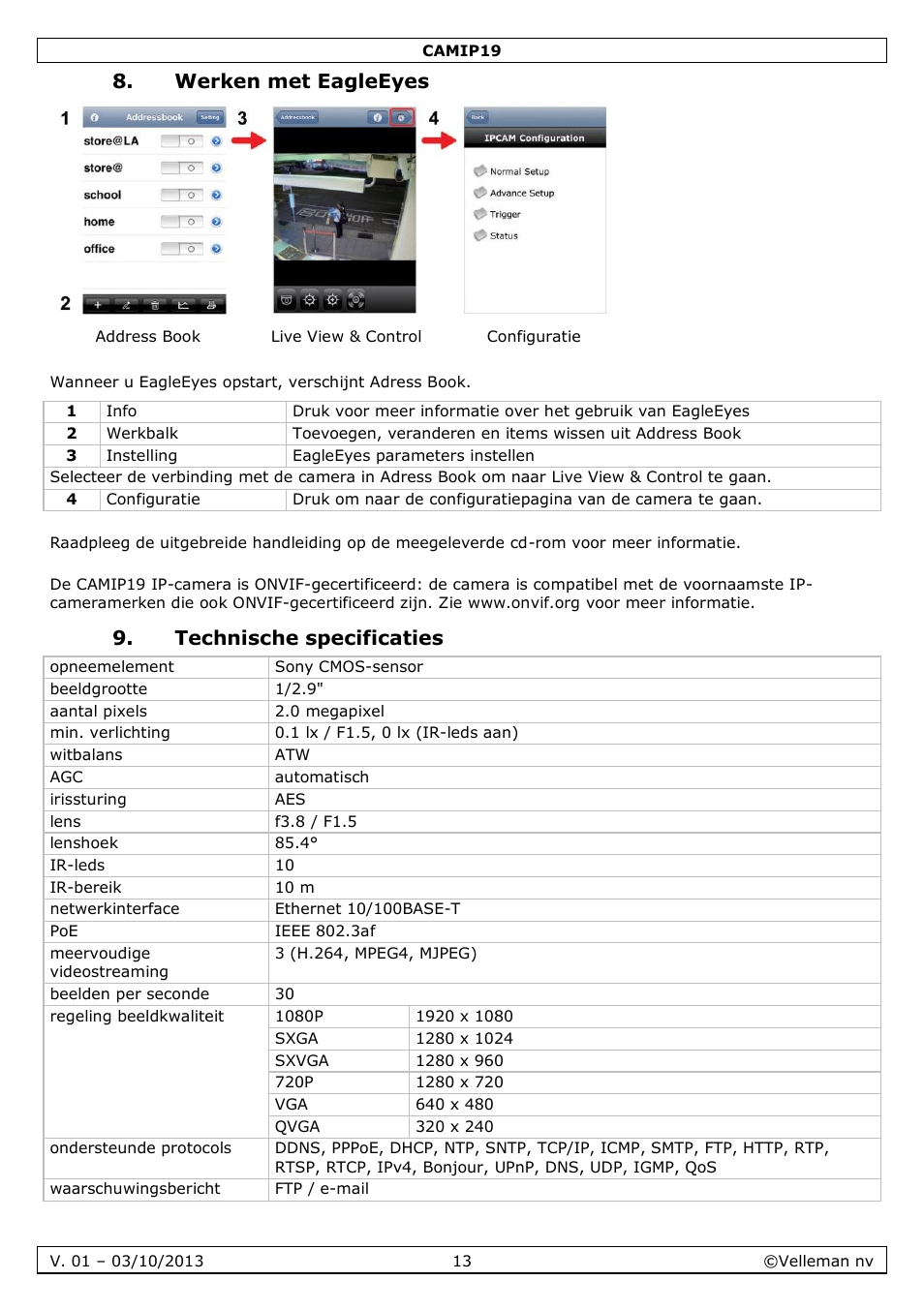 Werken met eagleeyes, Technische specificaties | Velleman CAMIP19 User Manual | Page 13 / 36
