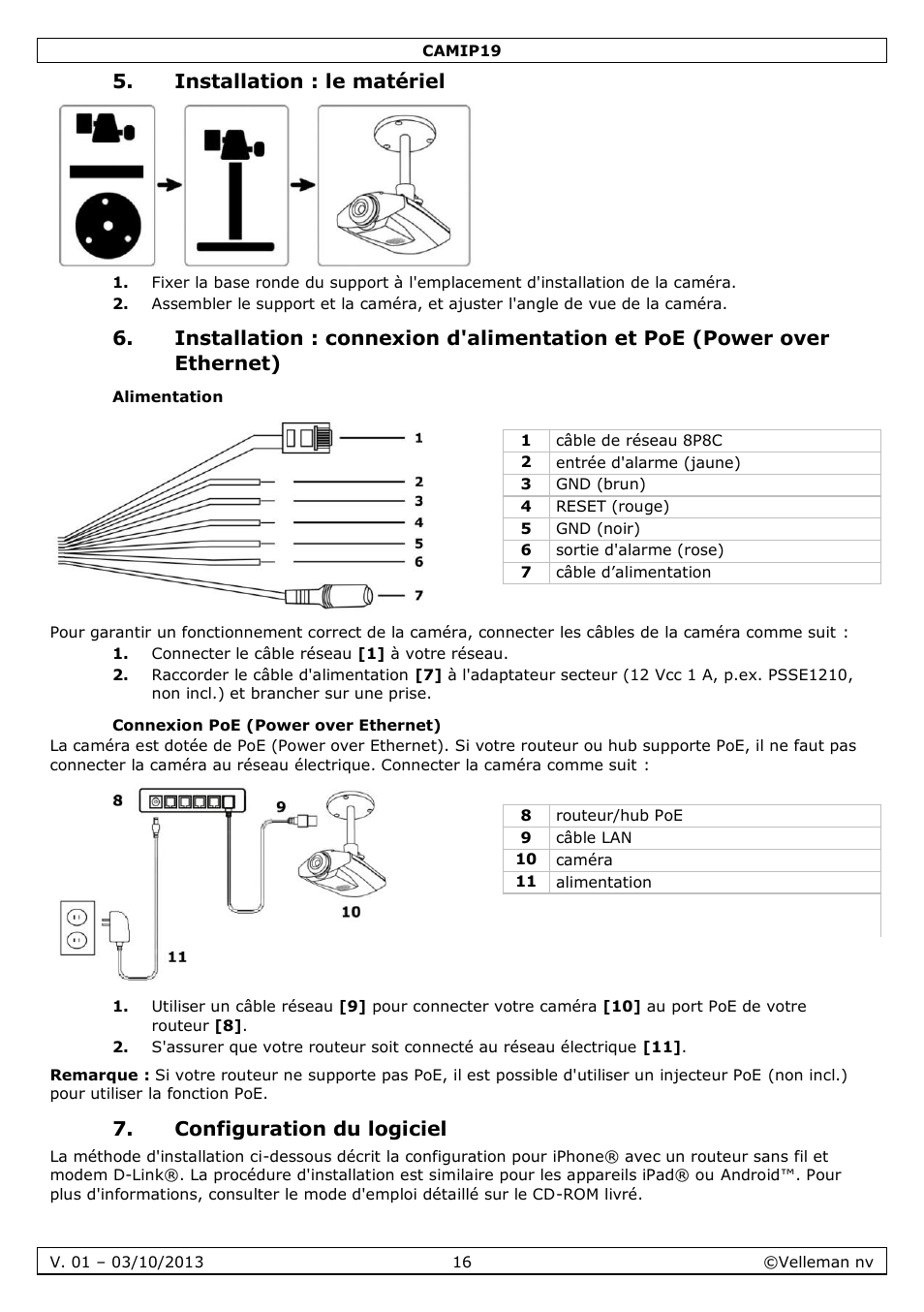 Installation : le matériel, Alimentation, Connexion poe (power over ethernet) | Configuration du logiciel | Velleman CAMIP19 User Manual | Page 16 / 36
