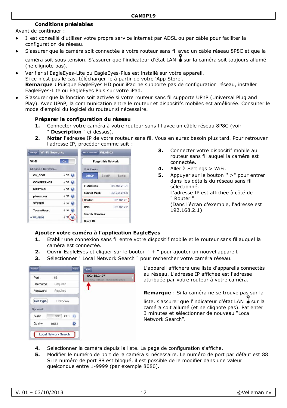 Conditions préalables, Préparer la configuration du réseau, Ajouter votre caméra à l'application eagleeyes | Velleman CAMIP19 User Manual | Page 17 / 36