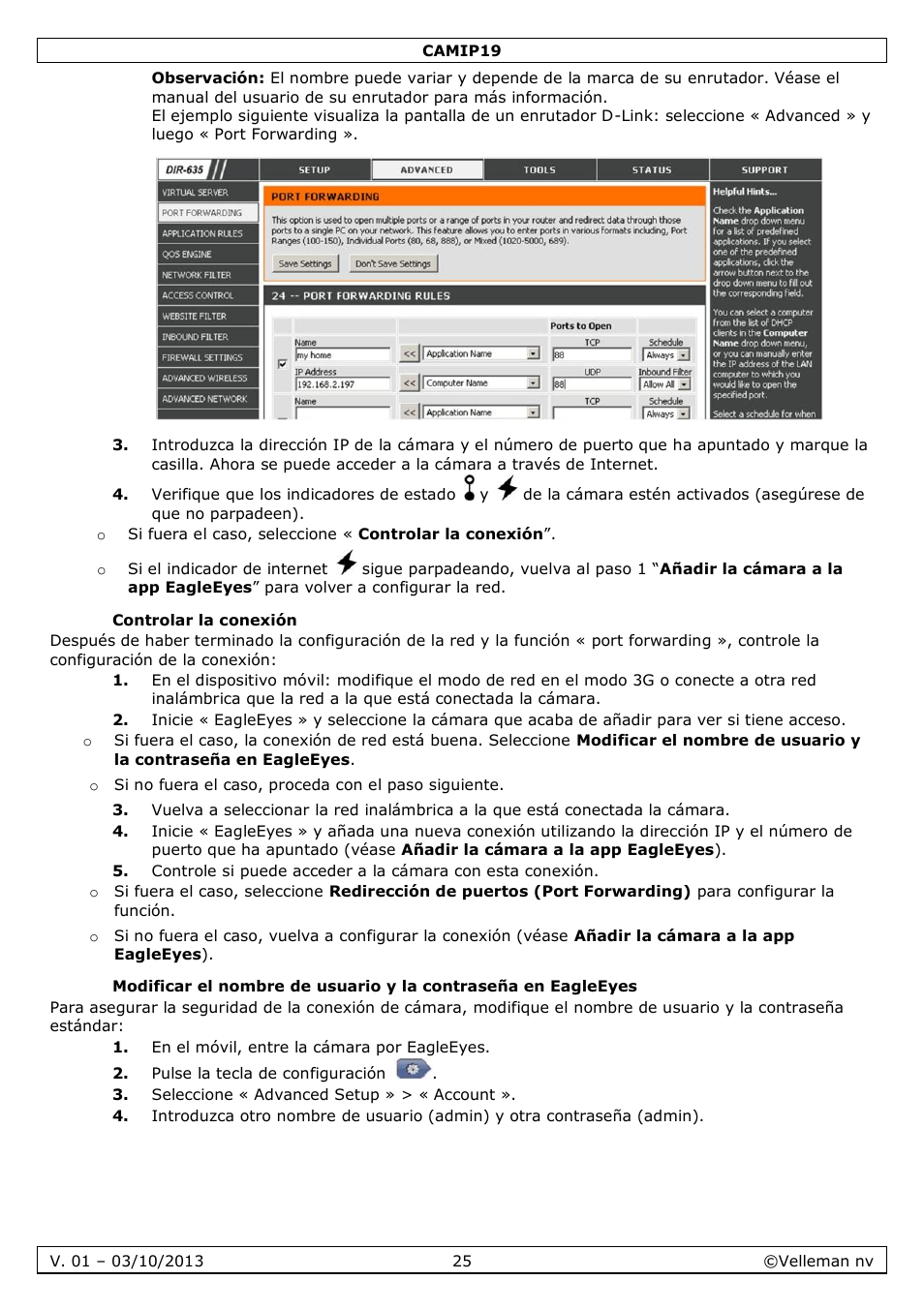 Controlar la conexión | Velleman CAMIP19 User Manual | Page 25 / 36