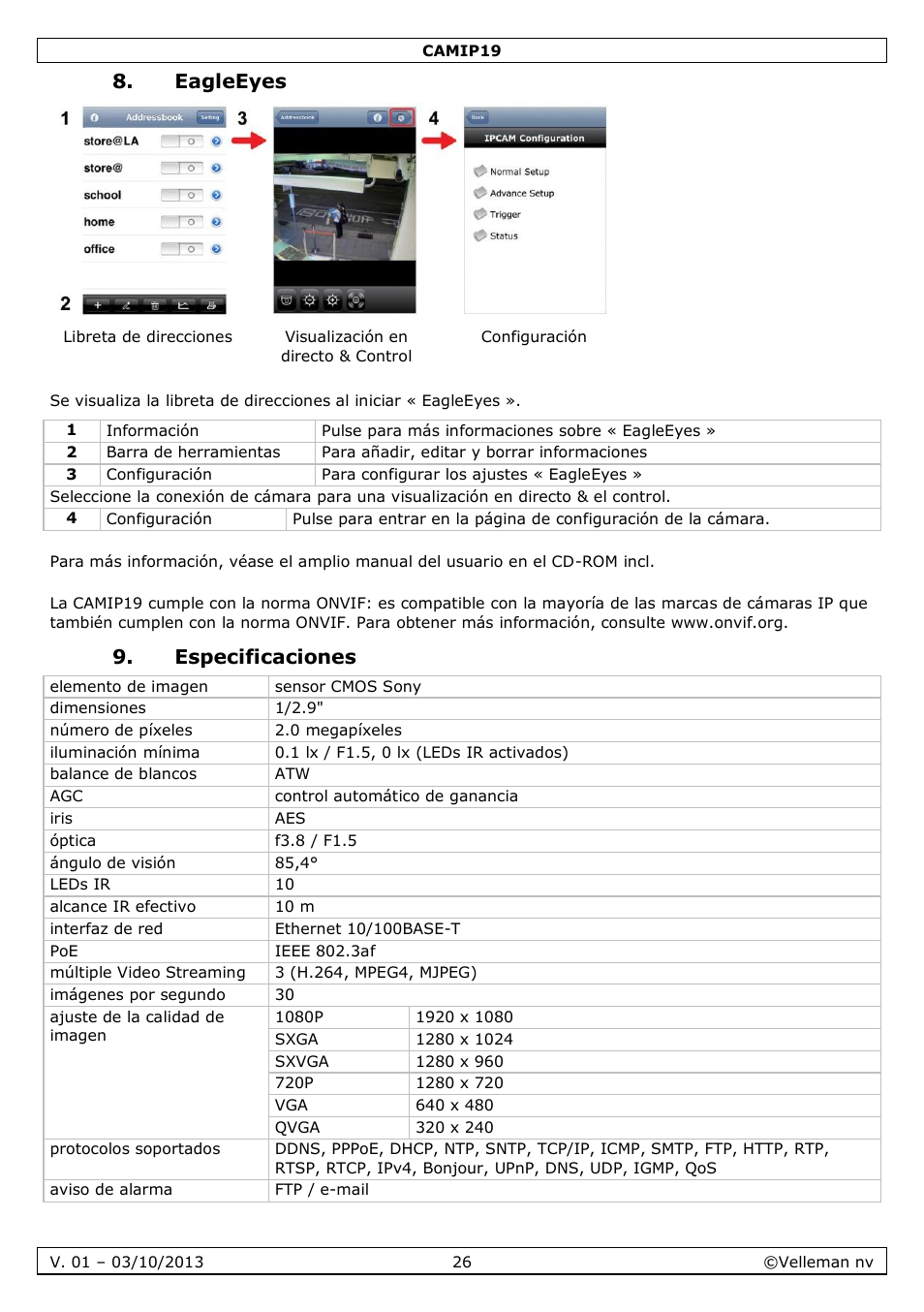 Eagleeyes, Especificaciones | Velleman CAMIP19 User Manual | Page 26 / 36