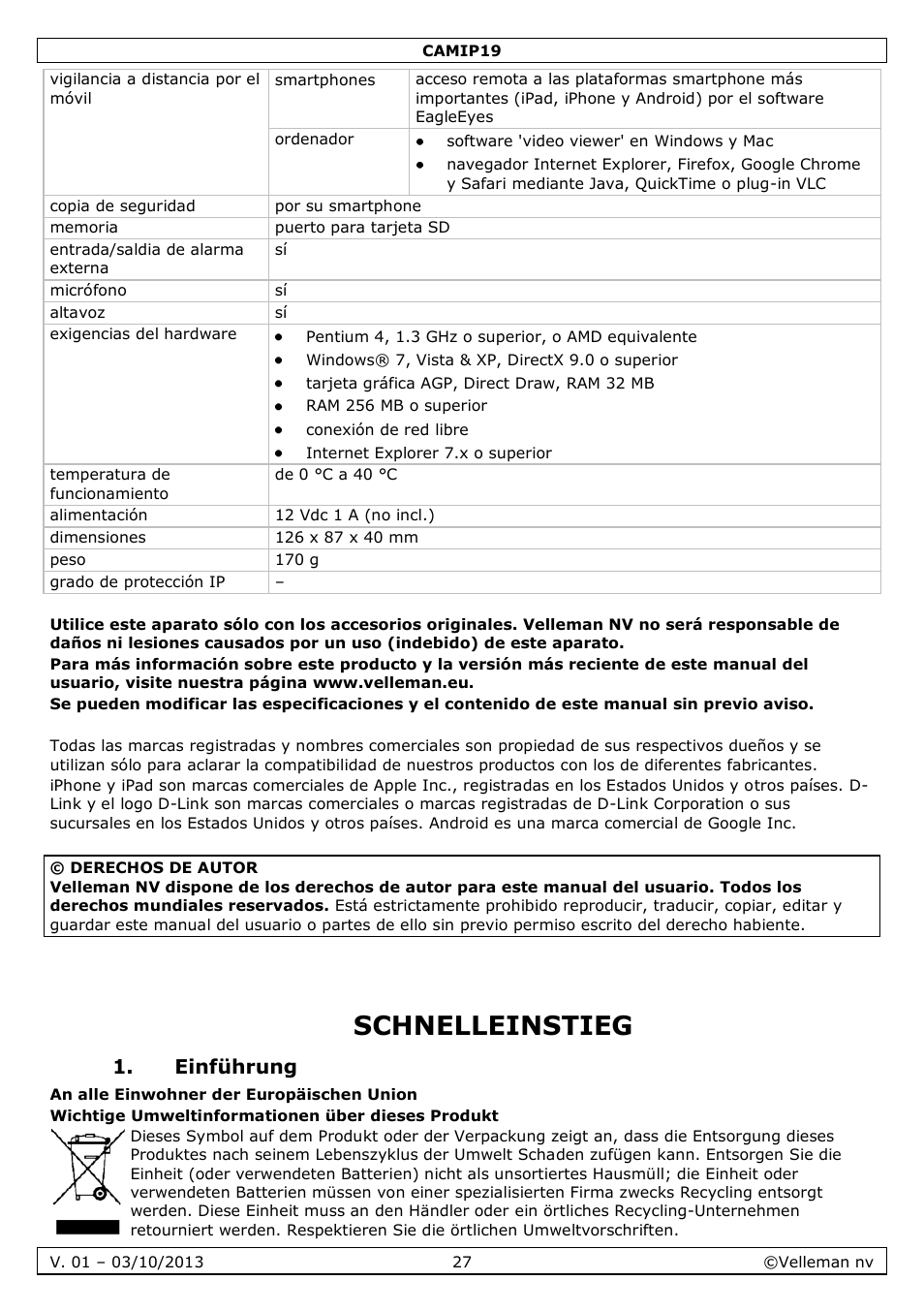 Schnelleinstieg, Einführung | Velleman CAMIP19 User Manual | Page 27 / 36