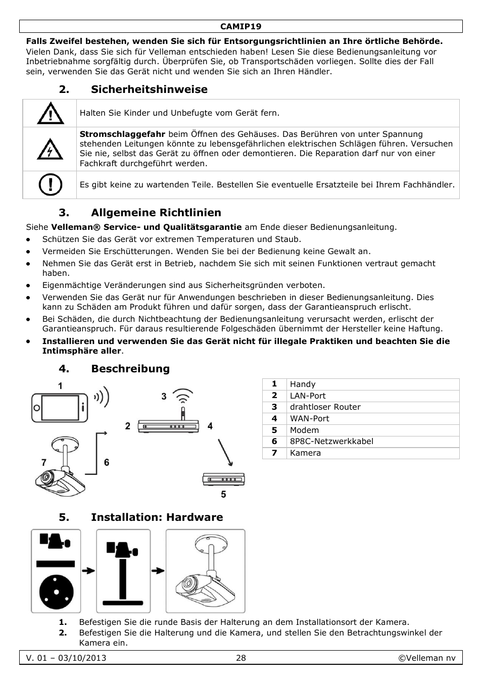 Sicherheitshinweise, Allgemeine richtlinien, Beschreibung | Installation: hardware | Velleman CAMIP19 User Manual | Page 28 / 36