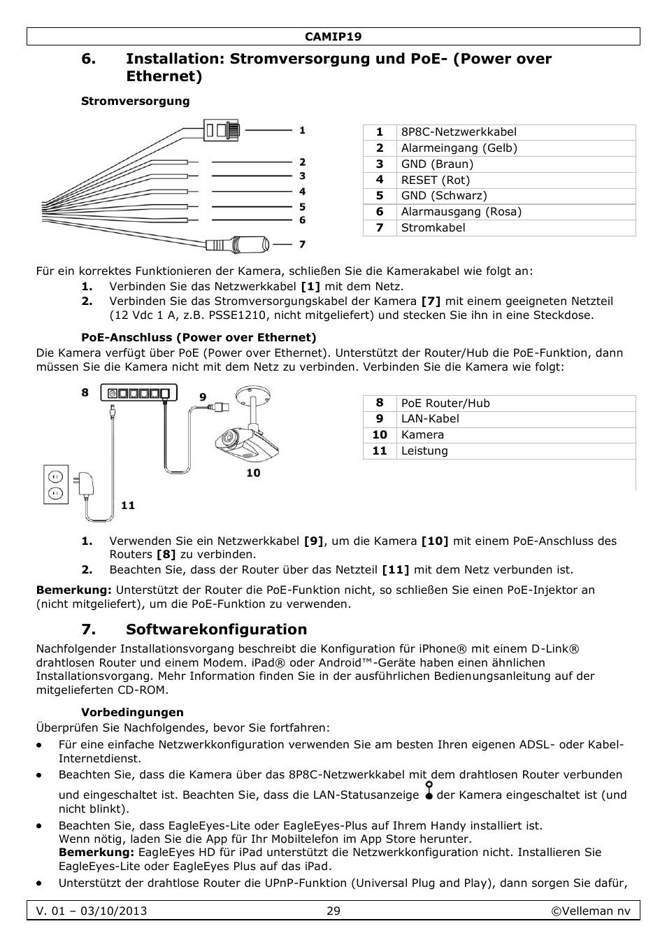 Stromversorgung, Poe-anschluss (power over ethernet), Softwarekonfiguration | Vorbedingungen | Velleman CAMIP19 User Manual | Page 29 / 36