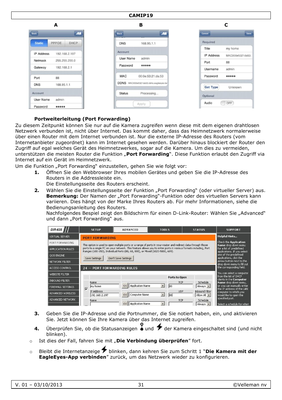 Portweiterleitung (port forwarding) | Velleman CAMIP19 User Manual | Page 31 / 36