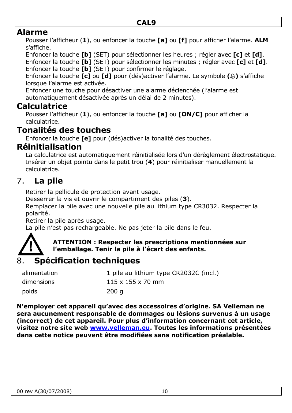 Alarme, Calculatrice, Tonalités des touches | Réinitialisation, La pile, Spécification techniques | Velleman CAL9 User Manual | Page 10 / 16