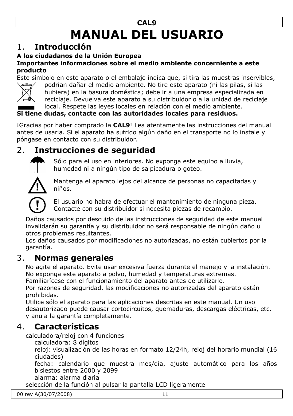 Manual del usuario, Introducción, Instrucciones de seguridad | Normas generales, Características | Velleman CAL9 User Manual | Page 11 / 16