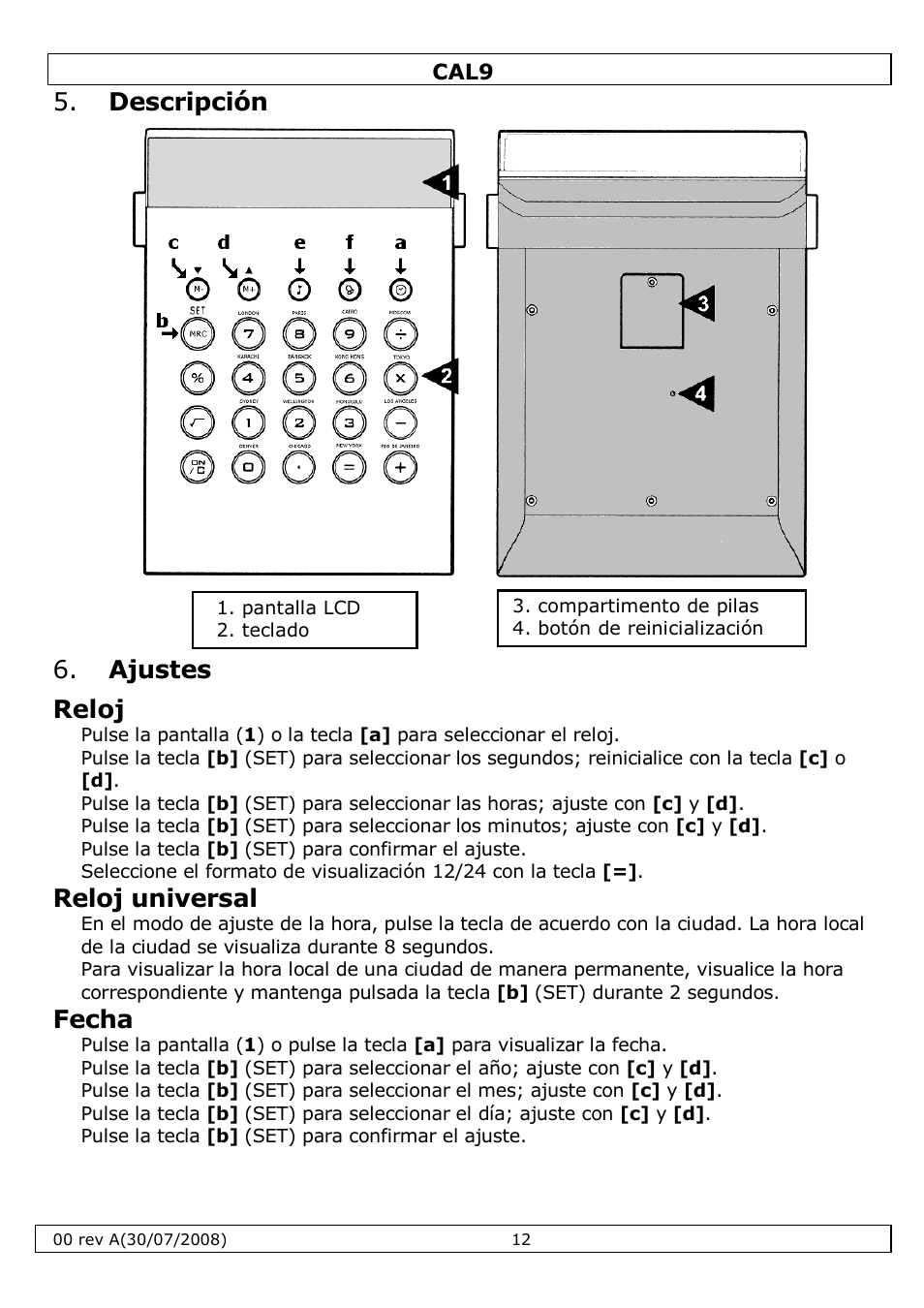 Descripción, Ajustes reloj, Reloj universal | Fecha | Velleman CAL9 User Manual | Page 12 / 16