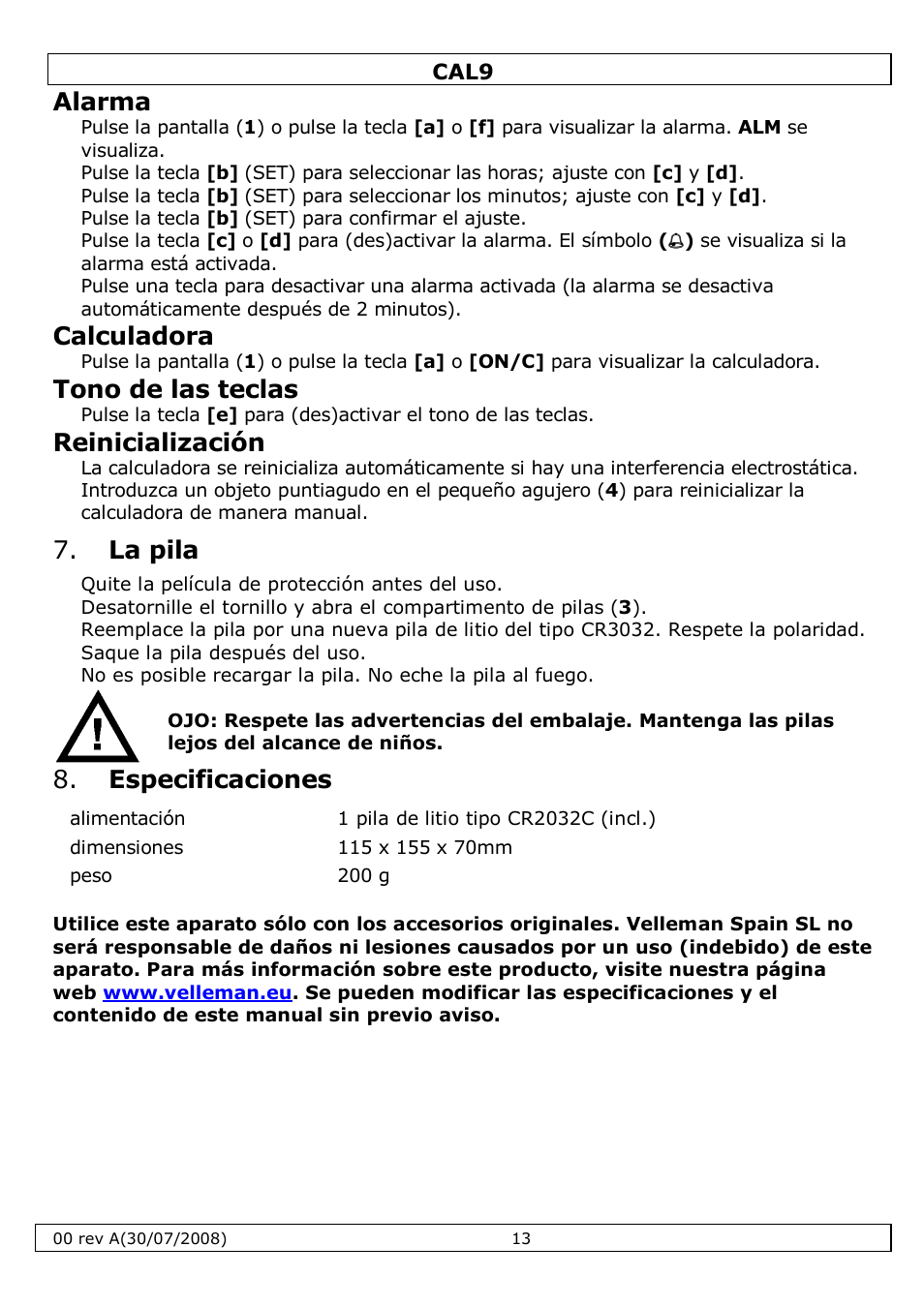 Alarma, Calculadora, Tono de las teclas | Reinicialización, La pila, Especificaciones | Velleman CAL9 User Manual | Page 13 / 16