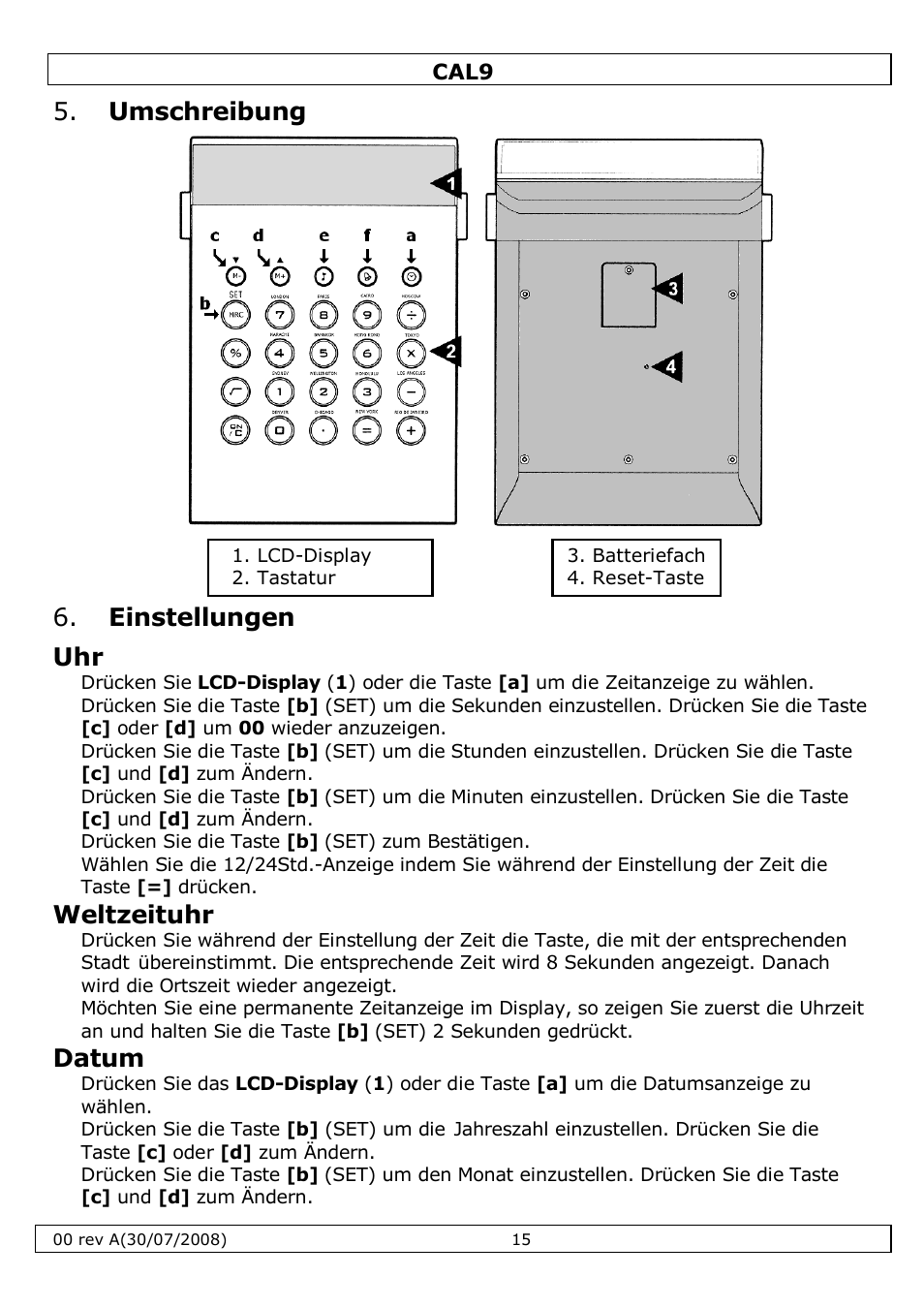 Umschreibung, Einstellungen uhr, Weltzeituhr | Datum | Velleman CAL9 User Manual | Page 15 / 16