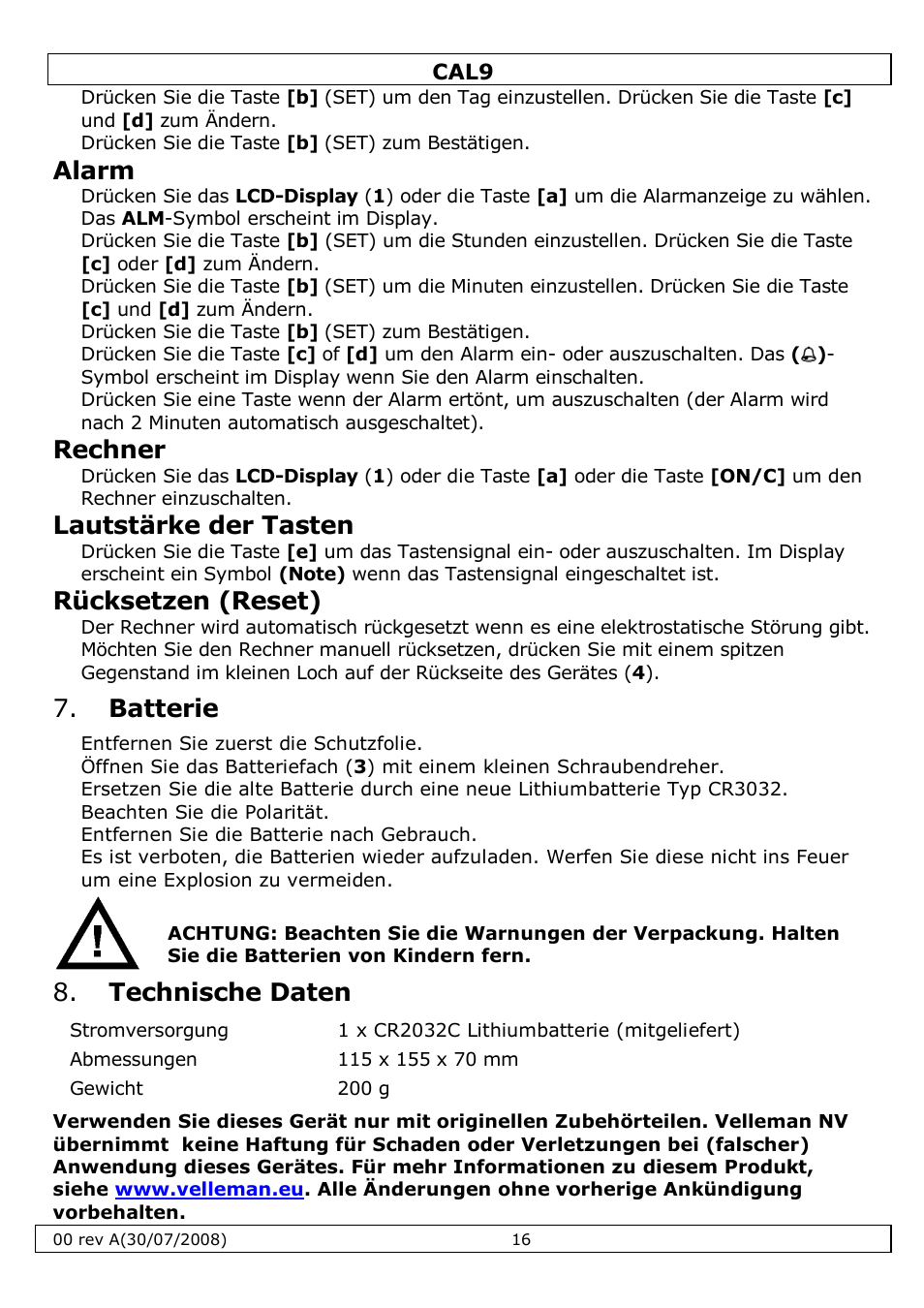 Alarm, Rechner, Lautstärke der tasten | Rücksetzen (reset), Batterie, Technische daten | Velleman CAL9 User Manual | Page 16 / 16